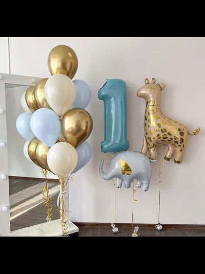 Набор шаров с гелием "Золотисто-голубой с цифрой и животными"