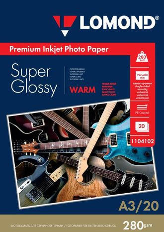 Суперглянцевая тепло-белая (Super Glossy Warm) микропористая фотобумага Lomond для струйной печати, A3, 280 г/м2, 20 листов.