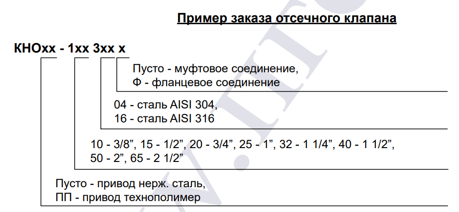 Пример заказа клапана отсечного