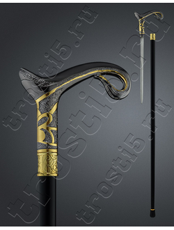 Серебристо золотистая рукоять с черным шафтом трости