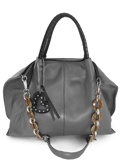 (АРТИКУЛ: 9617/2) СУМКА ЖЕНСКАЯ БОЛЬШАЯ, НАТУРАЛЬНАЯ КОЖА, СEРАЯ С ЧЕРНЫМИ РУЧКАМИ, ПЛЕЧЕВОЙ РЕМЕНЬ С ЦЕПОЧКОЙ
