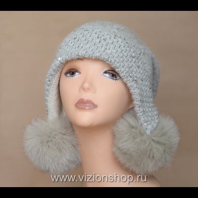 Бежевая шапка ушанка с помпонами Vizio Визио Италия 6159 зима 2019