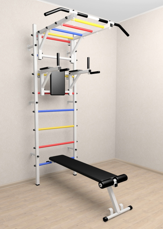 Шведская стенка в квартиру с турником рукоходом , брусьями и скамьей для пресса. С креплением к стене  "Рукоход"