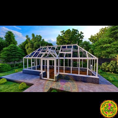 Базовая комплектация теплицы в английском стиле с холлом из стекала и алюминия ВИКТОРИЯ SL размером 8000 х 3000 мм