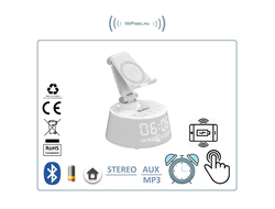 OneDer V02 Bluetooth колонка HiFi СТЕРЕО, с информатором времени/будильник, + модуль беспроводной зарядки, с сенсорным управлением,  с аккумулятором для использования в помещении