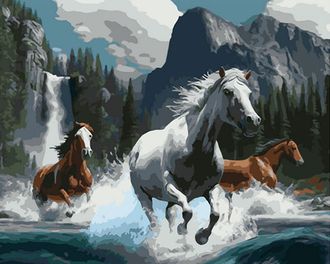 Картина по номерам OK11326 Эксклюзив!!! Бегущие по воде лошади