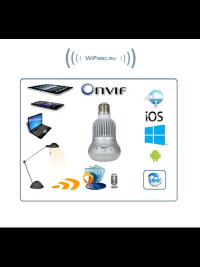 Панорамная WiFi видеоняня/видеокамера (лампа накаливания, цоколь Е27) с DVR с включением освещения, HD 960p (360EyeS)