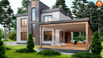 Двухэтажный дом из Газобетона с плоской кровлей и террасой - 170 м2