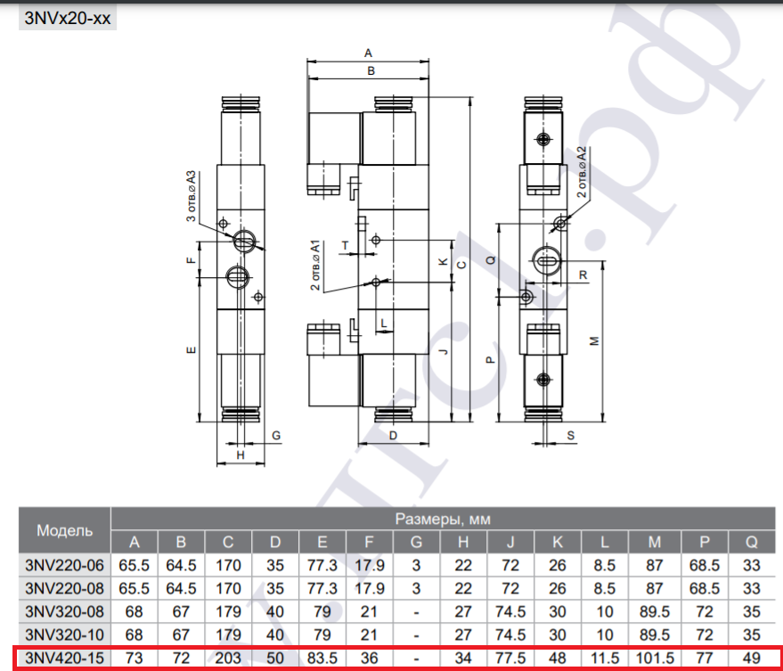 Габаритные и присоединительные размеры 3/2 пневмораспределителя 3N420-15 (3NV420-15)