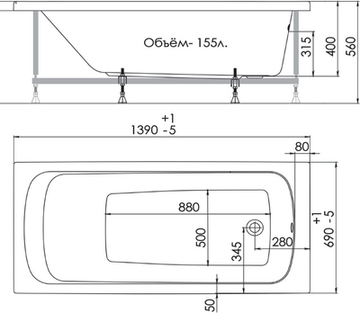 Акриловая ванна 1ACReal Gamma 140x70