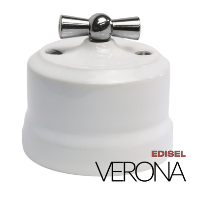 керамический ретро выключатель 2 клавишный белый Verona с серебристой ручкой