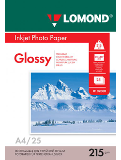 Односторонняя Глянцевая фотобумага Lomond для струйной печати, A4, 215 г/м2, 25 листов.