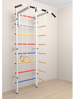 Шведская стенка с регулируемым по высоте турником и детским навесным (канат, лестница и гимнастические кольца.)