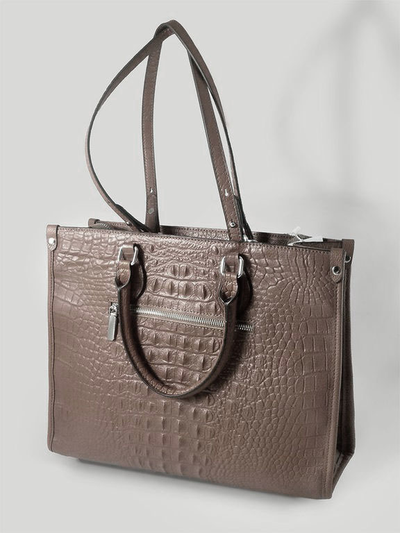 (АРТИКУЛ: 10134/1/5) СУМКА ЖЕНСКАЯ БОЛЬШАЯ, НАТУРАЛЬНАЯ КОЖА С ТИСНЕНИЕМ "КРОКОДИЛ", ТЕМНО-БЕЖЕВАЯ, РУЧКИ И РЕМЕНЬ ЧЕРЕЗ ПЛЕЧО