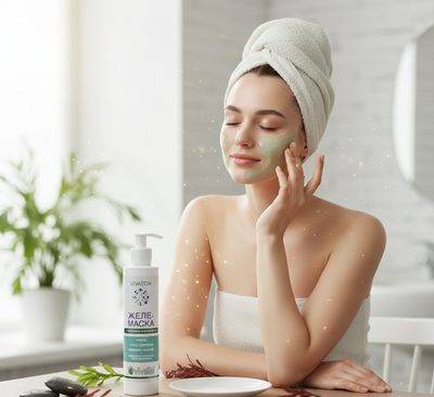 Маска для лица «Виватон» с водорослями на натуральном камне в окружении зелени при мягком солнечном
