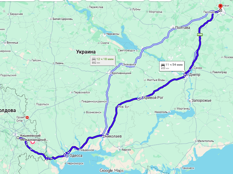 Схема прямого маршрута такси из аэропорта Кишинева в Харьков через границу.