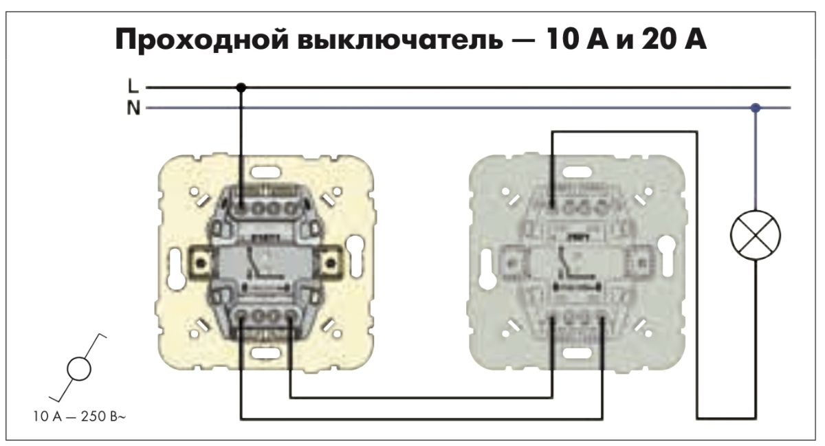 Схема подключения одноклавишного проходного выключателя  с двух мест Efapel Mec 21