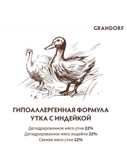 Grandorf (Грандорф): сухой беззерновой корм для собак, Утка с индейкой, 10 кг