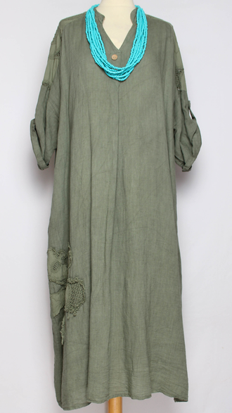 ПЛАТЬЕ БОХО ЛЬНЯНОЕ "СТОЙКА ЗАЩИП КРУЖЕВО" хаки до р.58