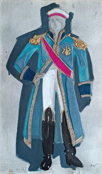 "Эскиз театрального костюма, Кутузов" картон гуашь, акварель, ткань 1986 год