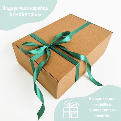 Подарочная коробка GILEV 37х26х12см с наполнителем и зелёной лентой