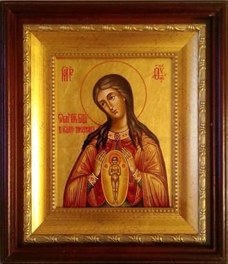Помощница в родах. Рукописная икона Пресвятой Божией Матери 13х16см в киоте.