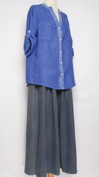 РУБАШКА ЛЁН "КРУЖЕВО НА СПИНЕ" голубая, синяя р.46-52