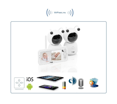 Видеоняня Ramili Baby RV100x2, монитор и 2 поворотная видеокамера, двухрежимная видеоняня, с DVR. HD