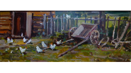 Бернгард О.Э. Деревенский двор 1960-е гг. Картон, масло 17Х42 (690)