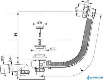 Слив-перелив для ванны Alcaplast A55K автомат комплект, металл 120см