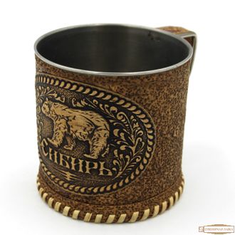 КРУЖКА МЕТАЛЛ С БЕРЕСТОЙ "Медведь Сибирь"  сувенир