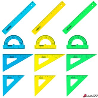 Набор чертежный малый ПИФАГОР (линейка 16 см, 2 треугольника, транспортир), неоновый, европодвес. 210625
