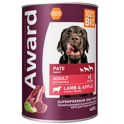 AWARD (Эворд) влажный корм (консерва) паштет для собак, Ягненок, Яблоко 400 г