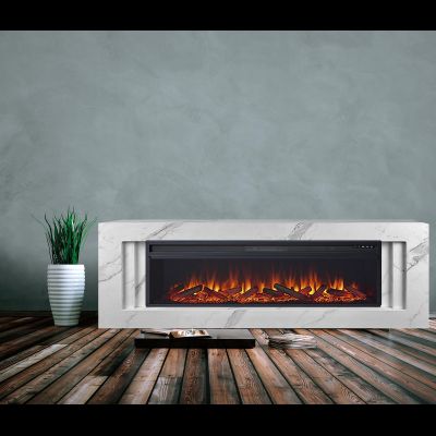 Линейный электрокамин Line WT-MR белый мрамор с очагом Vision 60 LOG LED