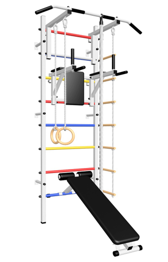 Спортивная шведская стенка в квартиру белого цвета с турником, брусьями, скамьей и детскими навесными