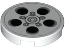 Tile, Round 2 x 2 with Bottom Stud Holder with Alloy Wheel with Black and Silver Circles Pattern, White (14769pb512 / 6376730 / 6430760)