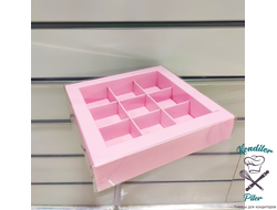 Коробка на 9 конфет с пластиковой крышкой 155*155*30 мм, розовая матовая
