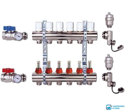 Коллекторный блок нерж в сборе с расход.  6 выходов VIEIR