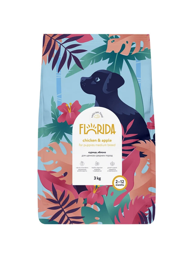 Florida сухой корм для щенков средних пород с курицей и яблоком 3 кг