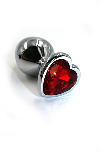 Серебряная анальная пробка с ярко-красным кристаллом в форме сердца (Large)