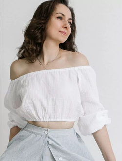 Топ кроп укороченный с длинными рукавами на резинке (белый)