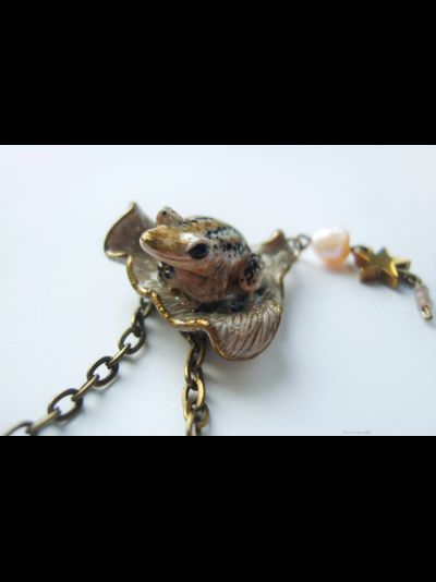"Поймавшая звезду". Бохо-подвеска с лягушкой, барочным жемчугом и гематитовой звёздочкой