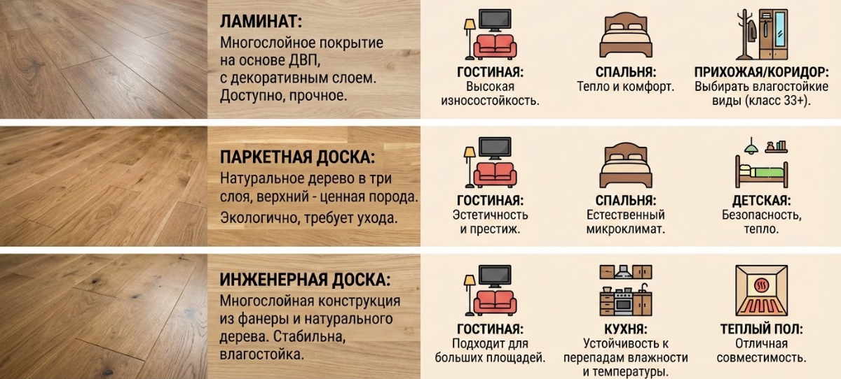 Какое напольное покрытие выбрать для кухни, спальни, прихожей