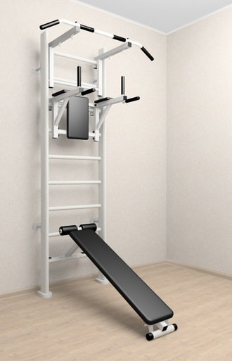 Спортивный комплекс для дома  деревянный. С турником , брусьями и  скамьей для пресса   (Белый)