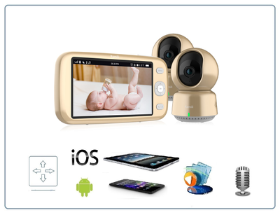 Wi-Fi видеоняня Ramili Baby RV1600X2 с повышенной дальностью (монитор-камера до 400 м), монитор 5" и 2 поворотные видеокамеры, просмотр через мобильные устройства по сервису р2р, DVR, Full HD 2 Mp