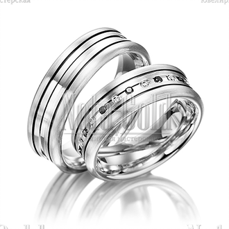 Обручальные кольца из белого золота с прямыми дорожками с бриллиантами в женском кольце с вогнутым п