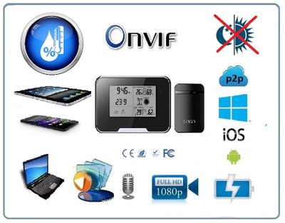 IP видеоняня WiFi (Настольные часы - метеостанция с внешним датчиком температуры, охранная видеокамера) с аккумулятором и с DVR, Full HD 1 Mp (HDSmartIPC)