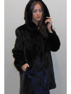 Шуба свингер норковая с капюшоном женская натуральный мех зимняя, темно коричневая, Арт. ц-096
