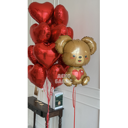 Сет шаров Мишка и 15 алых сердец