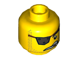 Minifigure, Head Male Silver Eye Patch with Rivets, Raised Eyebrow, Copper Tooth, Stubble Pattern MetalBeard - Hollow Stud, Yellow (3626cpb2269 / 6250649)